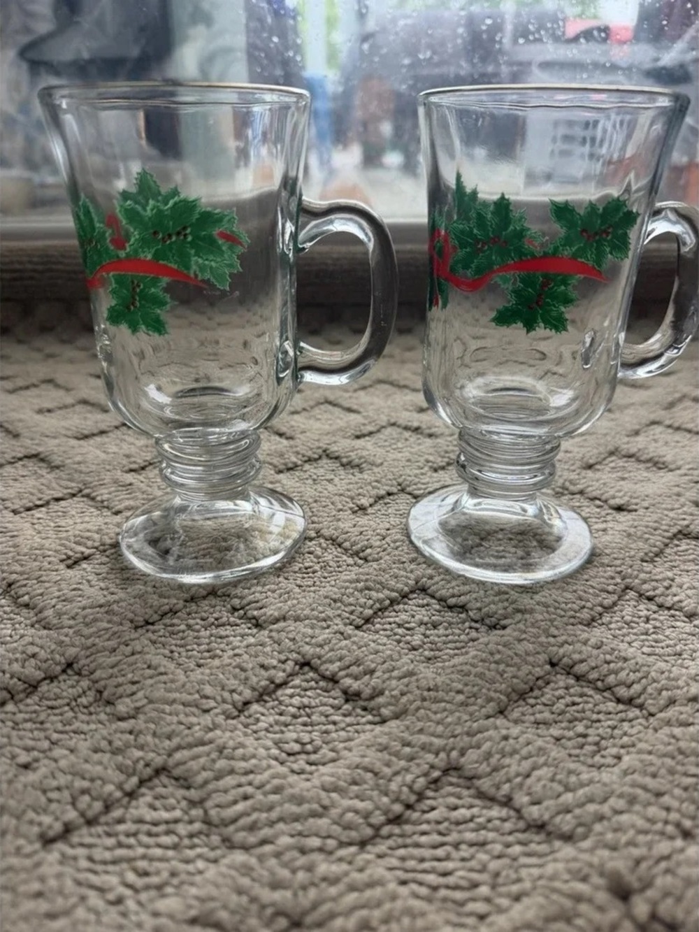 Holiday Holly Glass Footed Mugs with Red Ribbon Accent